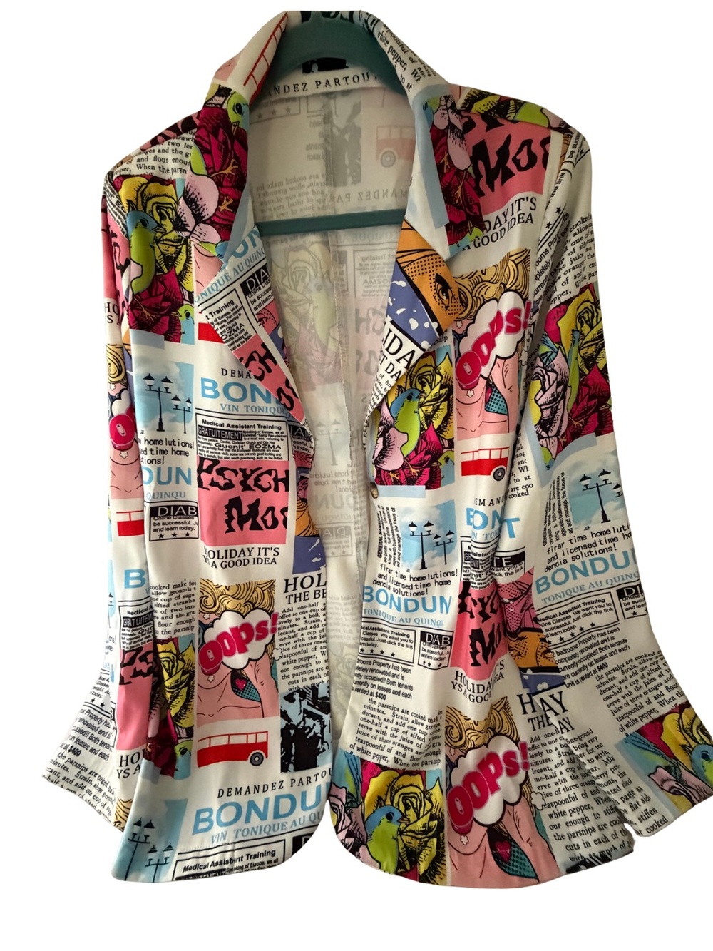Womens XL Pop Art Newspaper Print Blazer Multicolor Graphic Statement Jacket